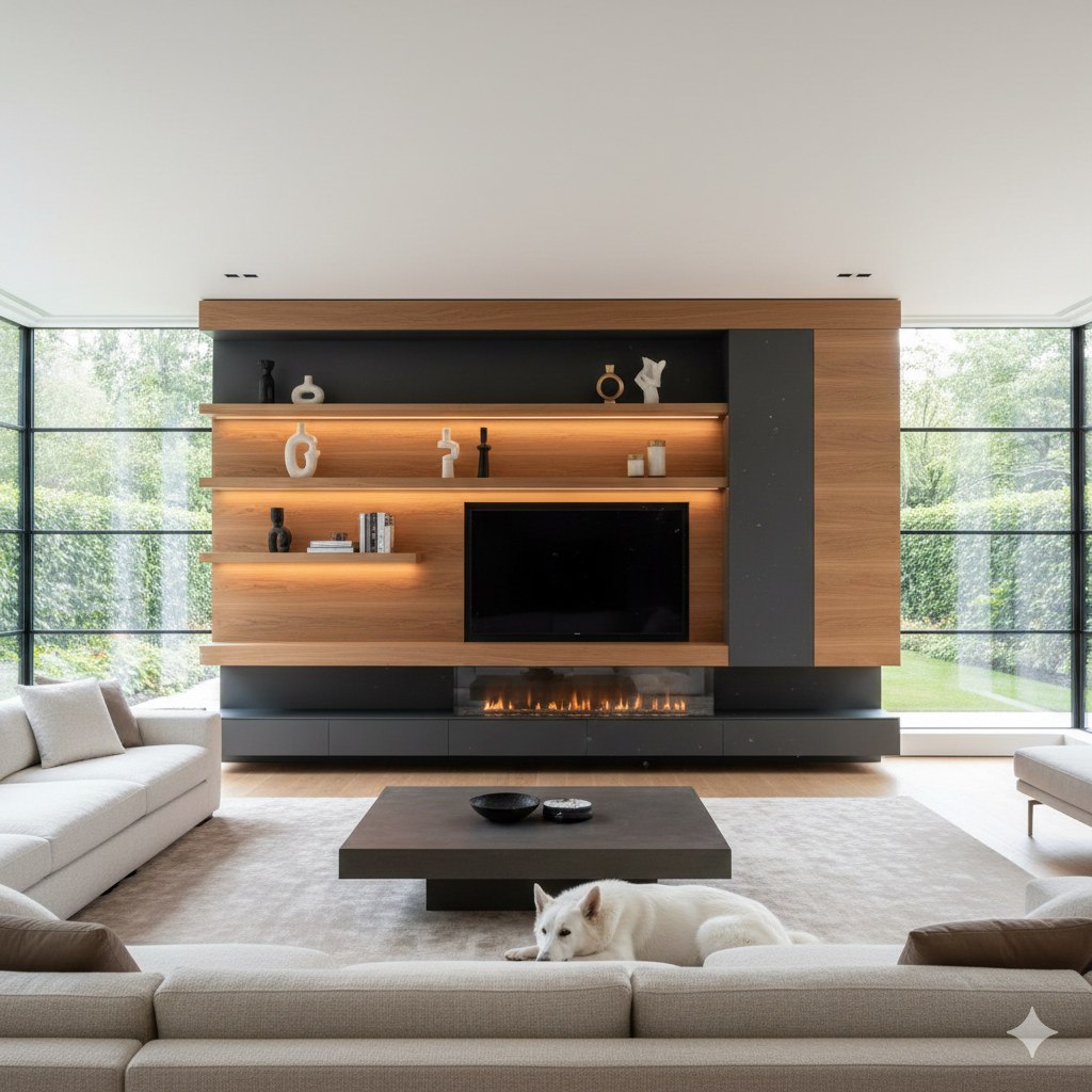 photo d'une réalisation de meuble de télévision dans un salon moderne par Uni-Déco