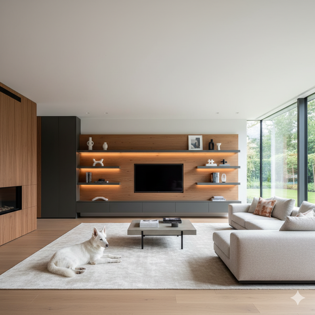 photo d'une réalisation de meuble de télévision dans un salon moderne par Uni-Déco
